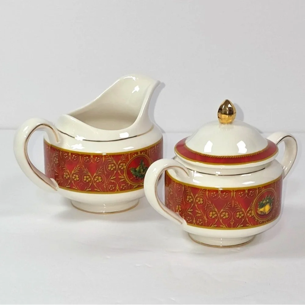 gund john grossman christmas creamer and sugar bowl‎ set ceramic 2008 red gold